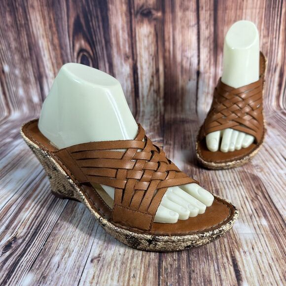 Børn Shoes - Born Drilles Size 10 Brown Leather Huarache Wedge Heel Sandals Open Toe Shoes